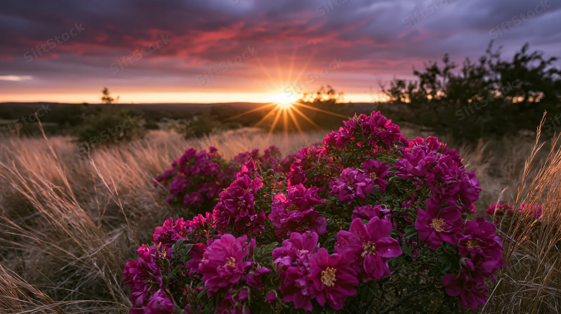 Magenta wild roses in full bloom in a grassy field at sunset