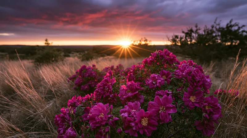 Magenta wild roses in full bloom in a grassy field at sunset
