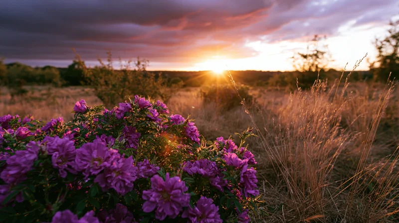Wild magenta roses in full bloom in a field at sunset
