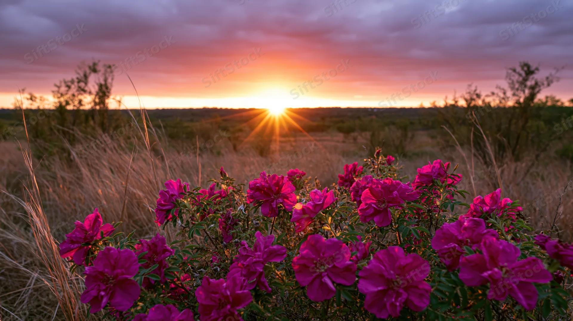 Magenta wild roses in full bloom in a grassy field at sunset