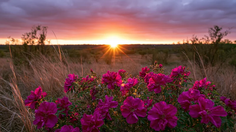 Magenta wild roses in full bloom in a grassy field at sunset
