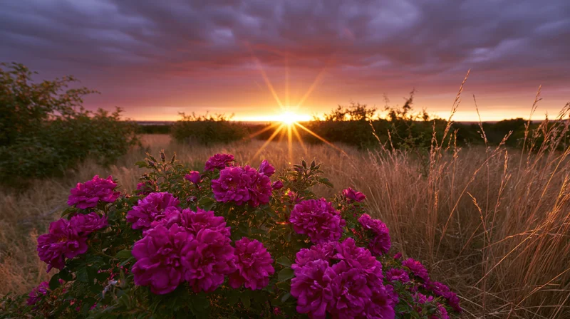 Magenta roses in full bloom in a field at sunset with golden light and cloudy sky