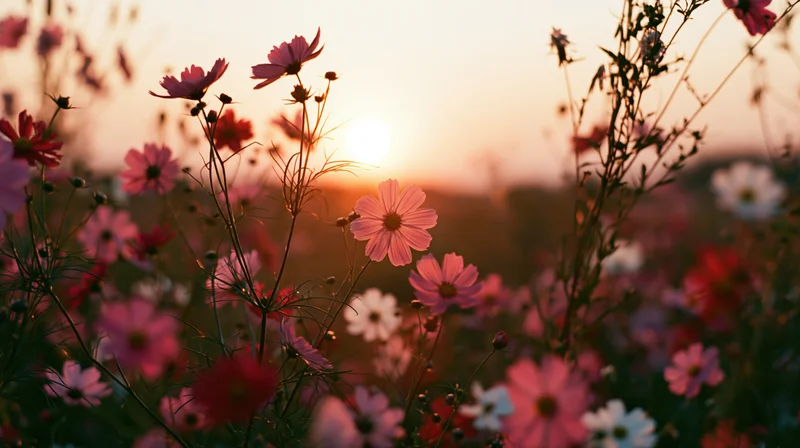 Pink and white cosmos flowers blooming in a wild meadow at sunset