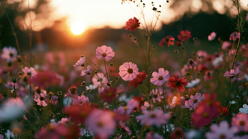 Cosmos flowers blooming in a meadow at sunset