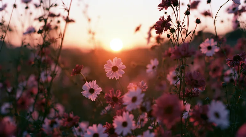 Pink and white daisies blooming in a wild meadow at sunset