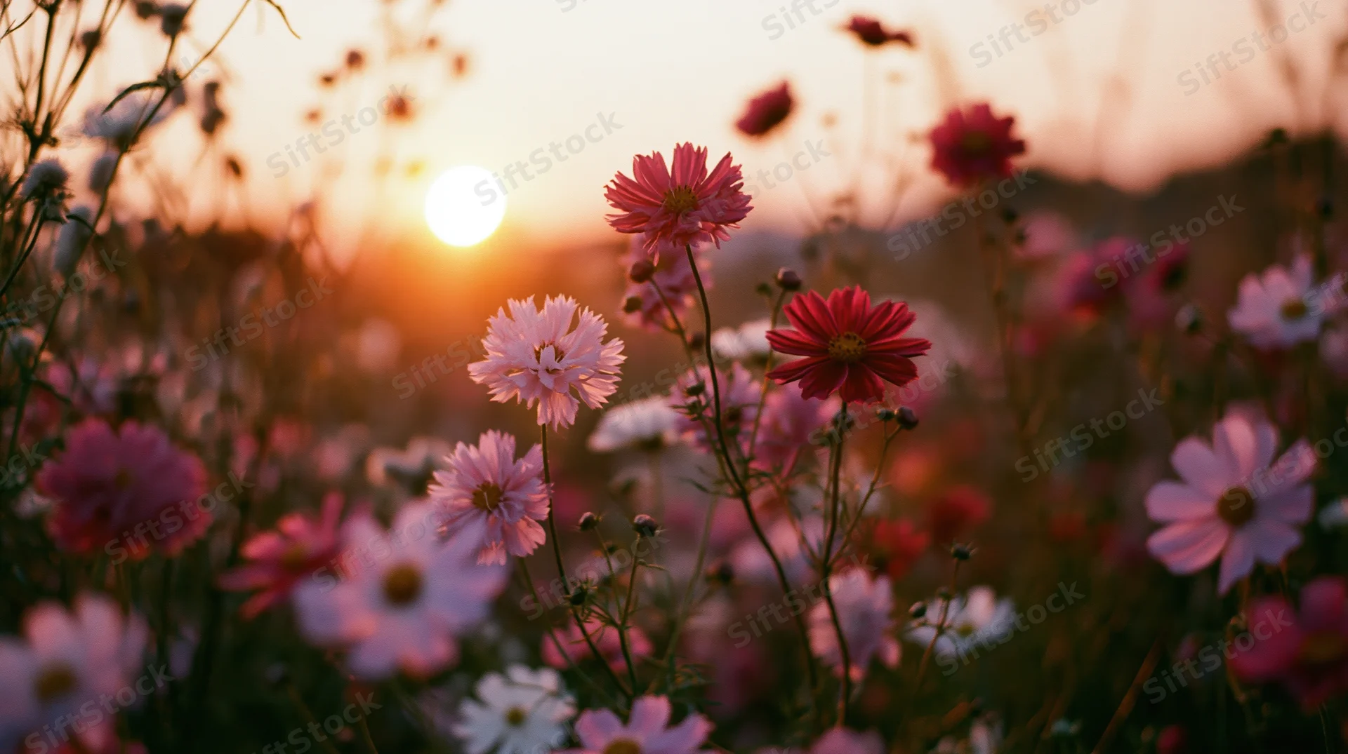 Pink and red cosmos flowers blooming in a meadow at sunset