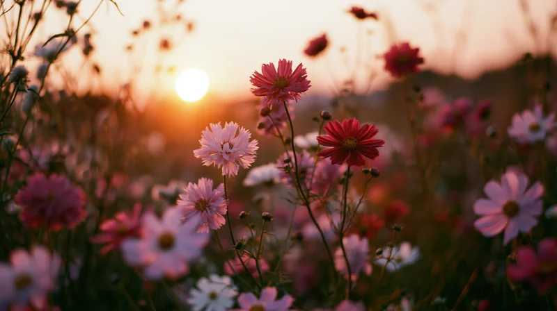 Pink and red cosmos flowers blooming in a meadow at sunset