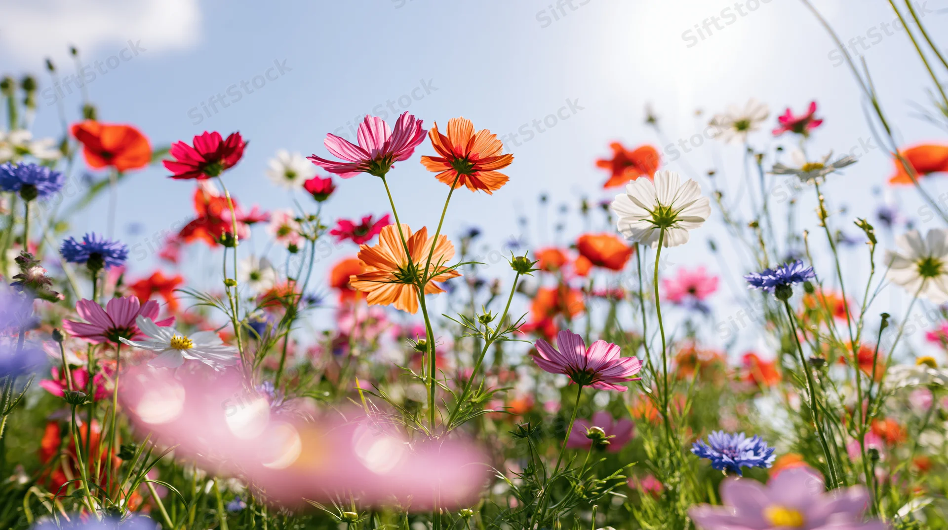 Colorful cosmos and wildflowers blooming in a sunlit meadow field