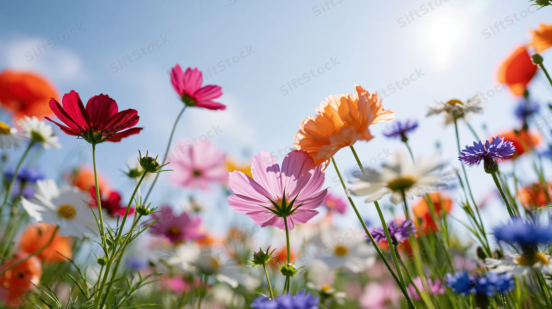 Colorful cosmos and daisies blooming in a sunlit meadow under a clear blue sky