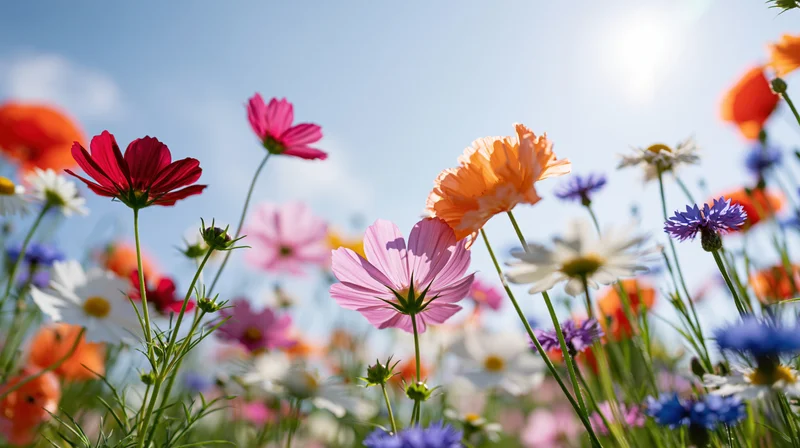 Colorful cosmos and daisies blooming in a sunlit meadow under a clear blue sky
