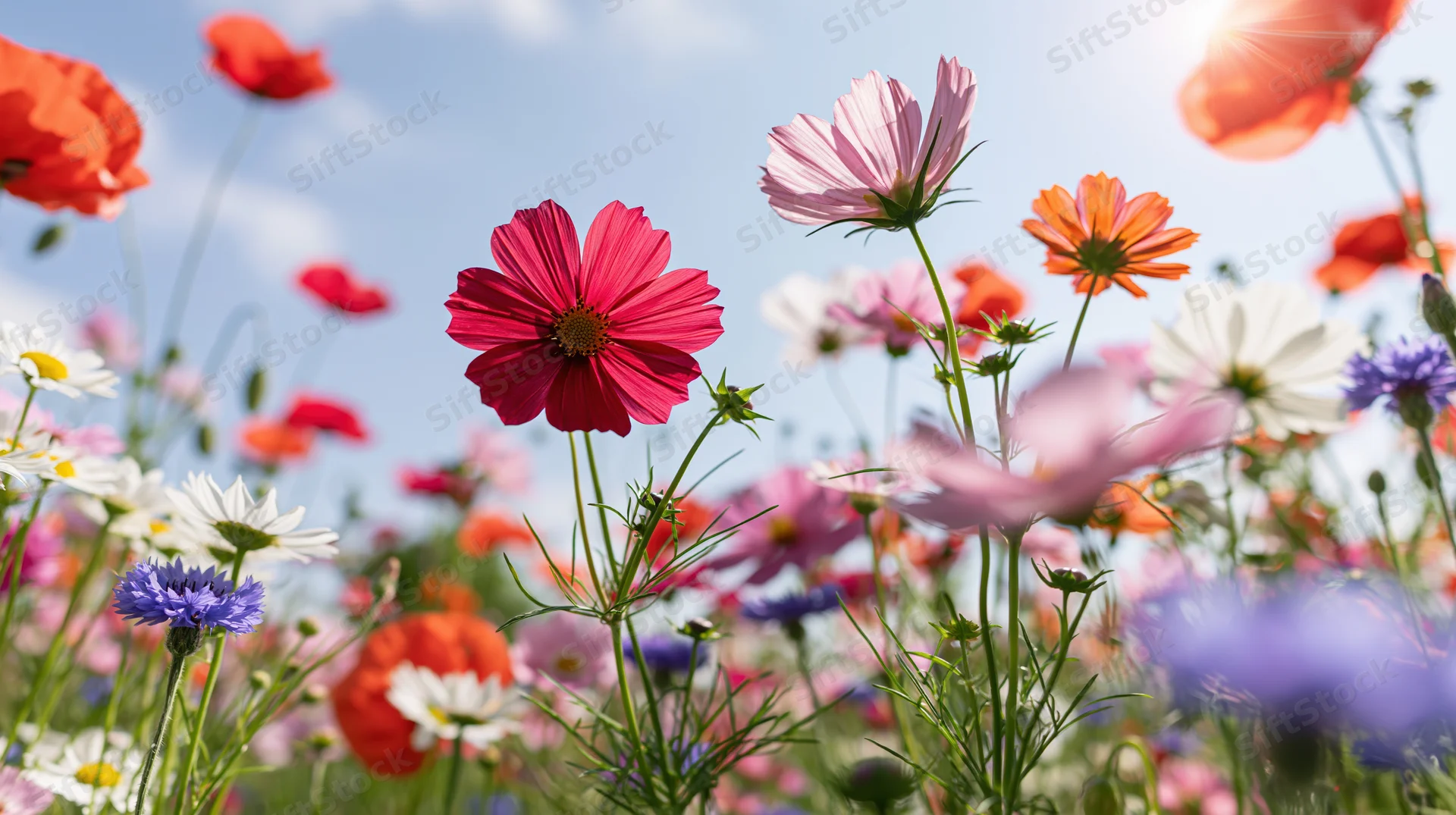 Colorful wildflowers blooming in a sunlit meadow under a blue sky