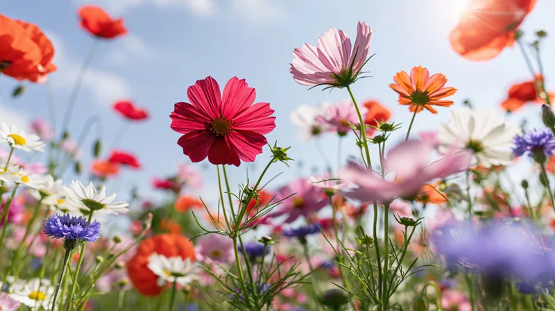 Colorful wildflowers blooming in a sunlit meadow under a blue sky