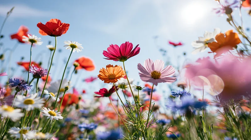 Colorful wildflowers blooming in a meadow under a sunny blue sky