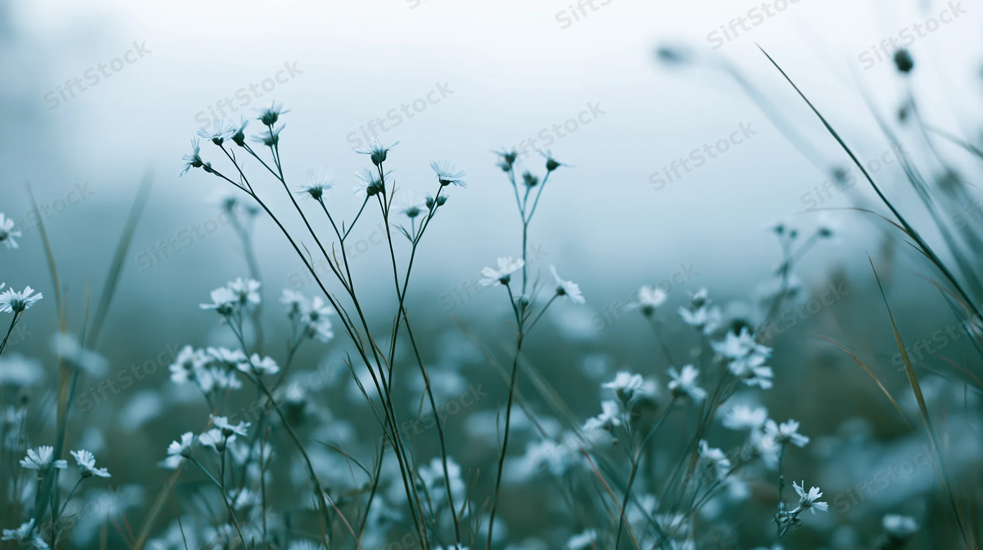 White wildflowers with slender stems in a misty meadow field