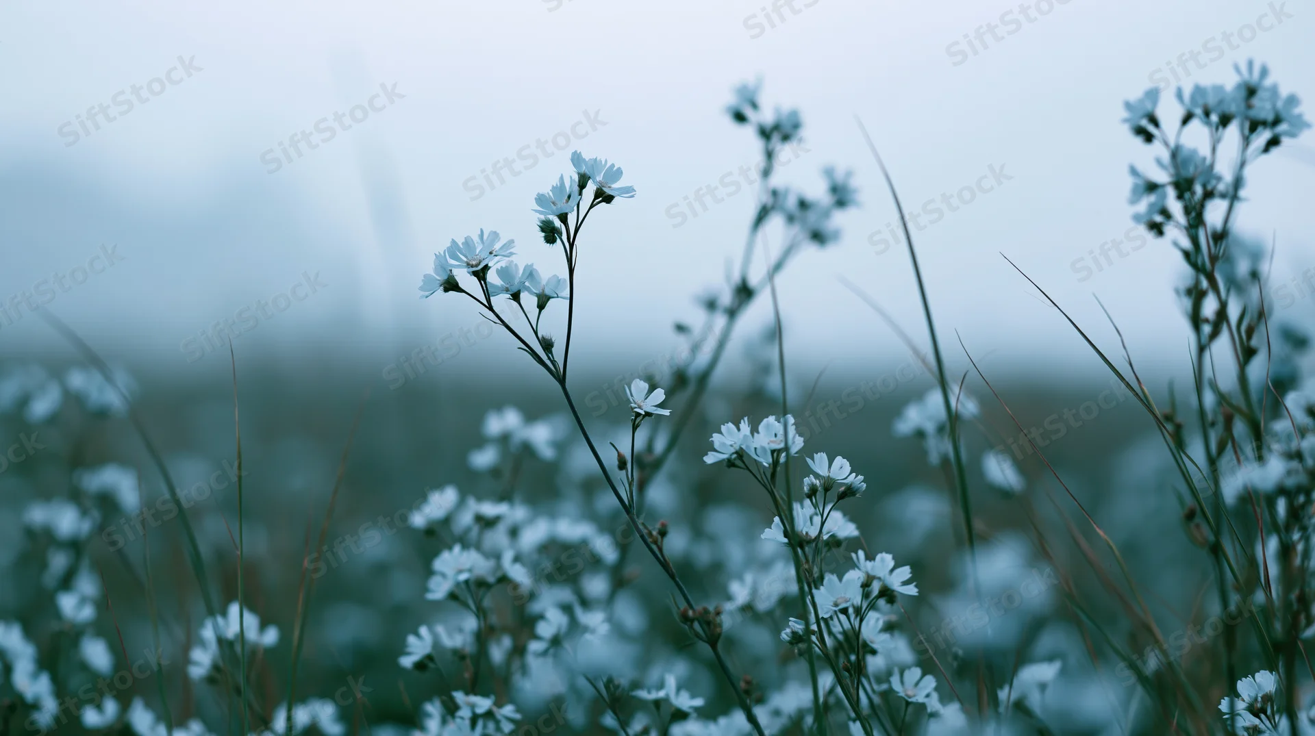 White wildflowers blooming in a misty meadow with slender stems and soft focus background