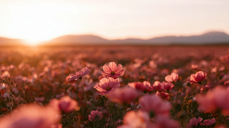 Pink cosmos flowers blooming in a vast field at sunset with mountains on the horizon