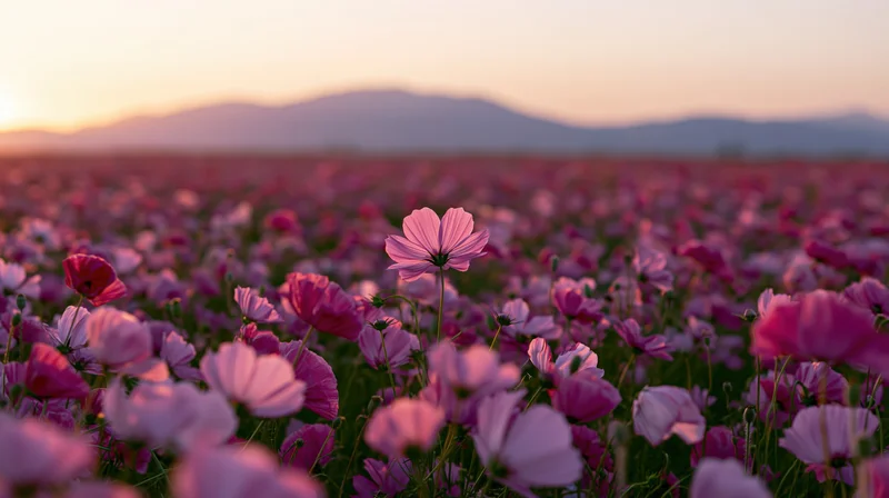 Pink cosmos flowers blooming in a vast field at sunset with distant mountains on the horizon