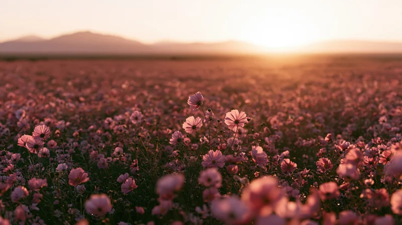 Pink cosmos flowers blooming in a vast field at sunset with distant mountains on the horizon