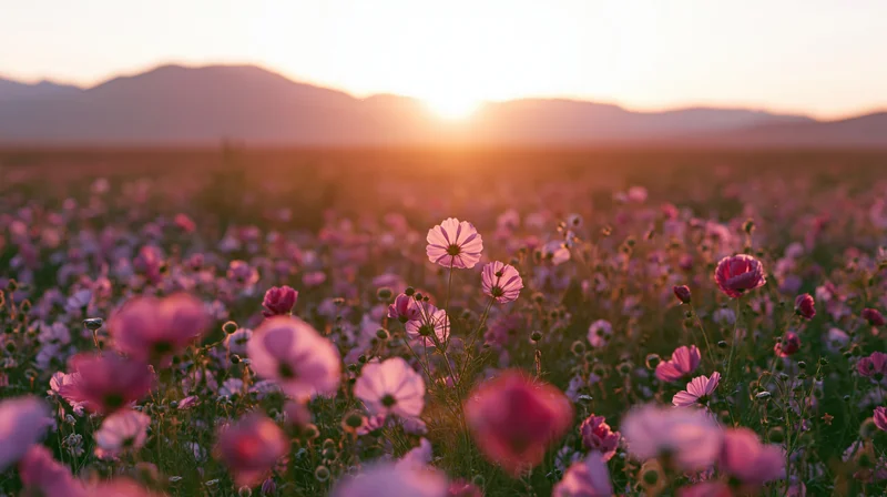 Pink cosmos and wildflowers blooming in a field at sunset with mountains on the horizon
