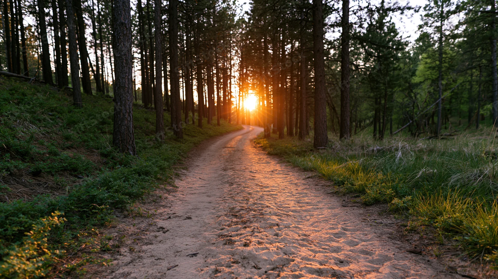 Winding dirt path through pine forest leading toward sunset