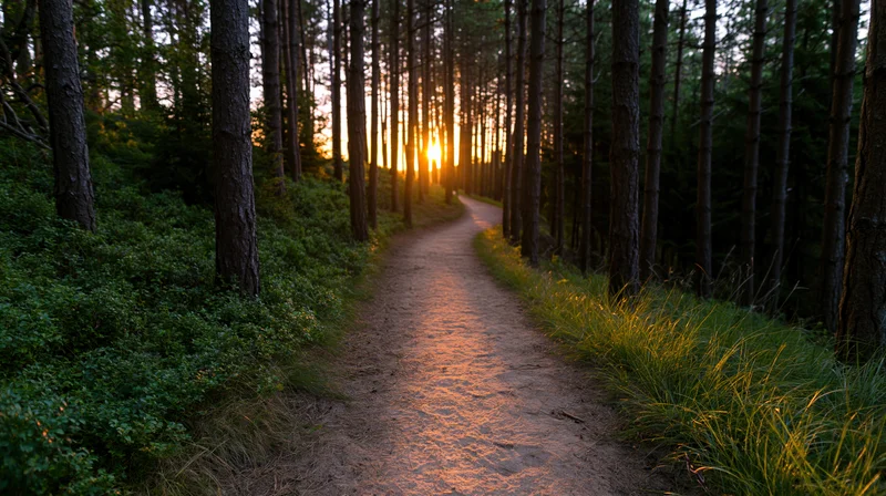 Winding dirt path through pine forest at sunset