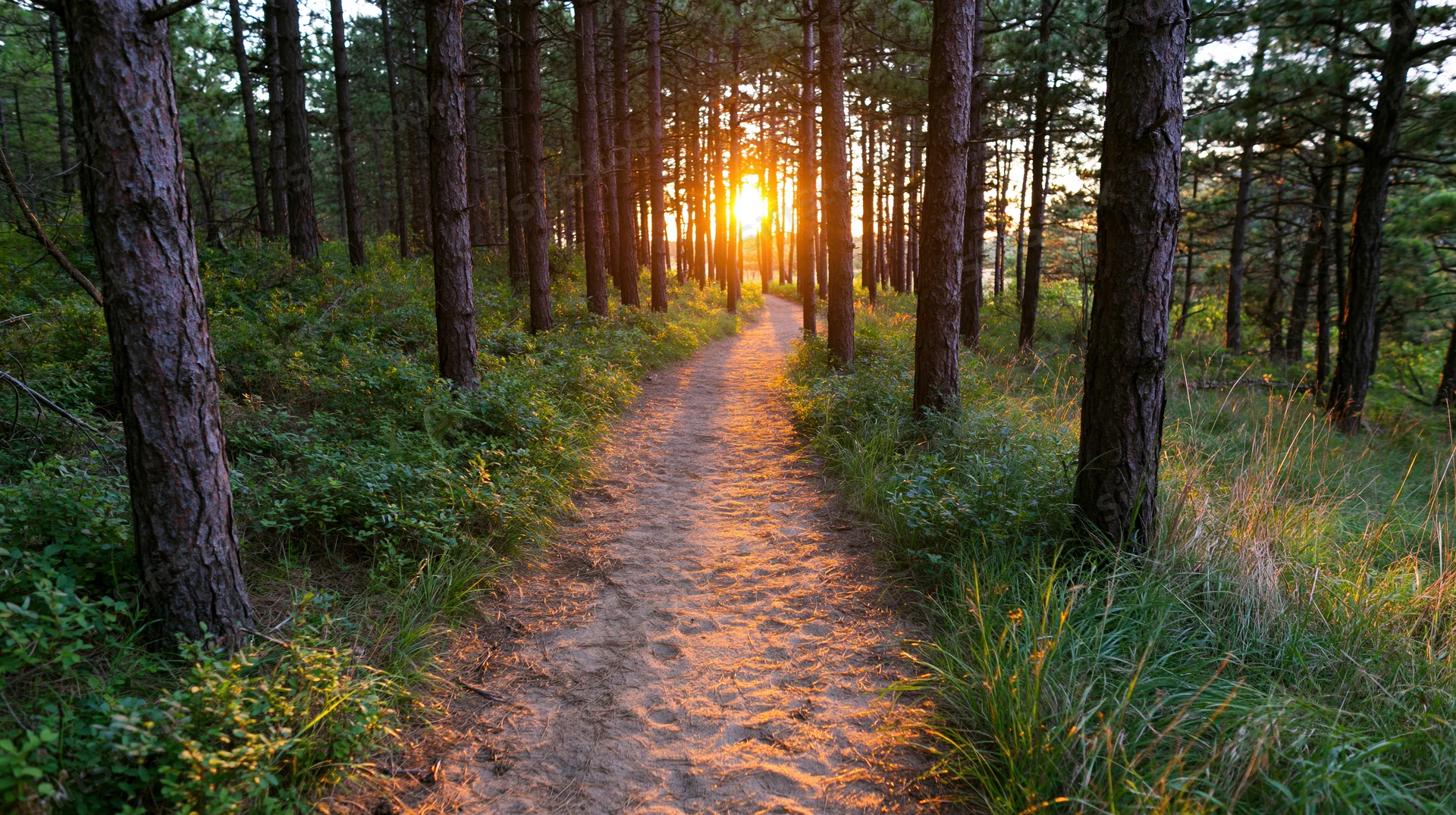 Dirt path winding through pine forest at sunset
