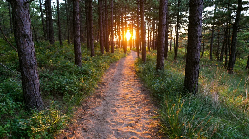 Dirt path winding through pine forest at sunset