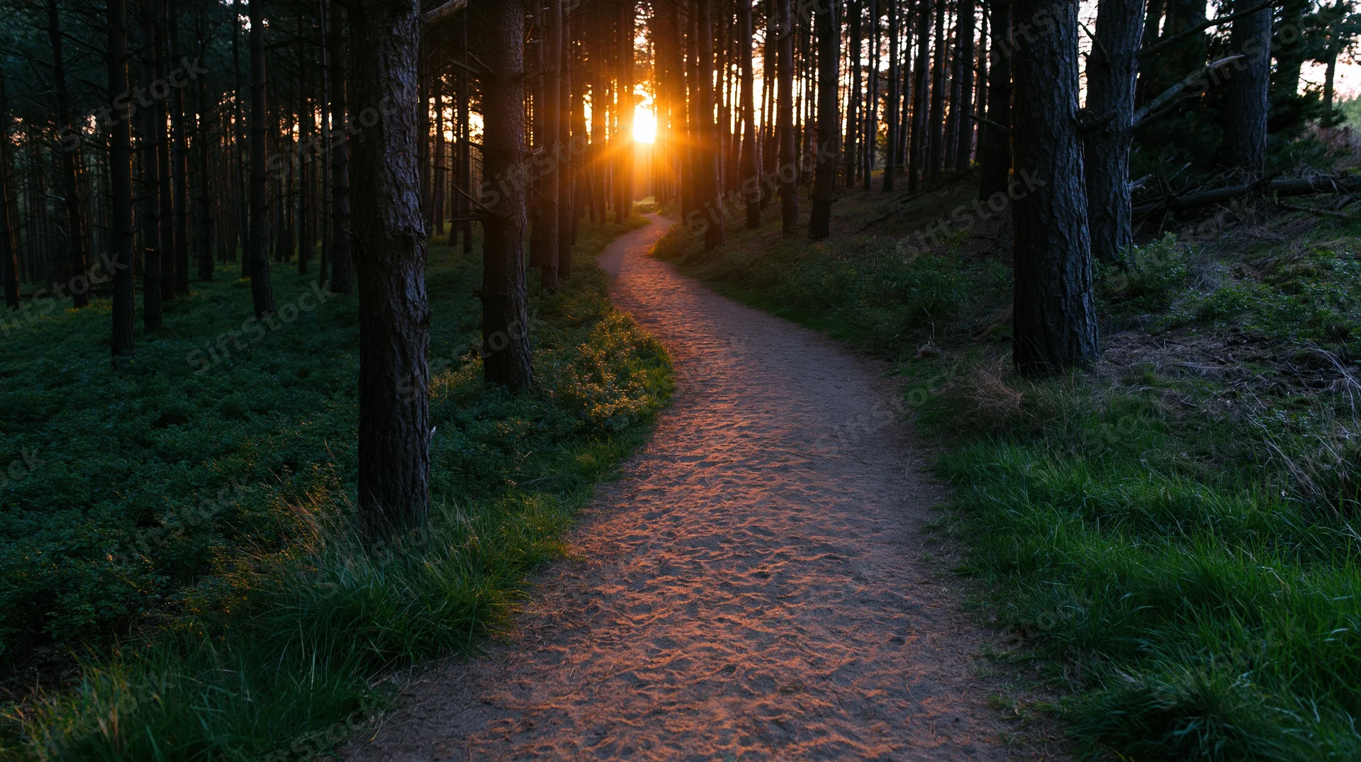 Winding dirt path through pine forest at sunset