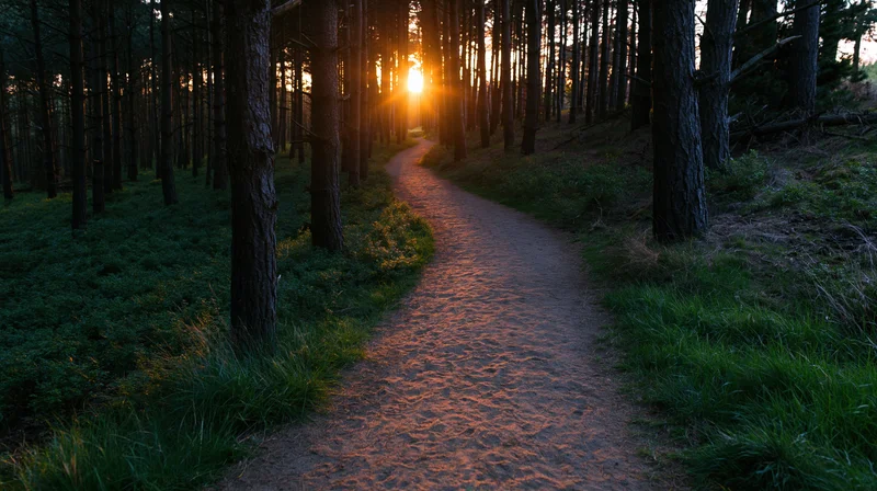 Winding dirt path through pine forest at sunset