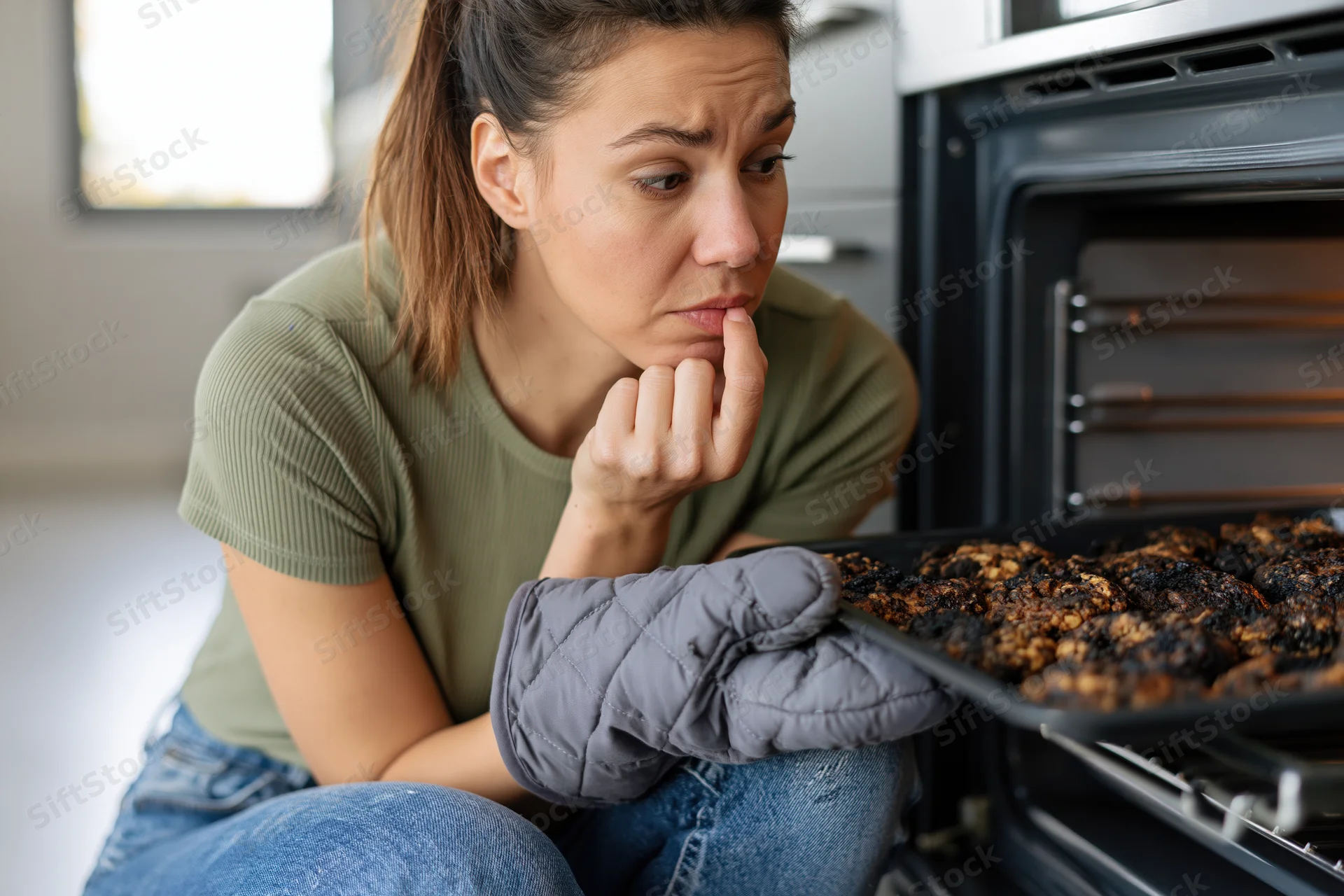 Woman crouching in front of open oven pulling out tray of burnt cookies, wearing oven mitt and denim jeans, concerned expression in kitchen