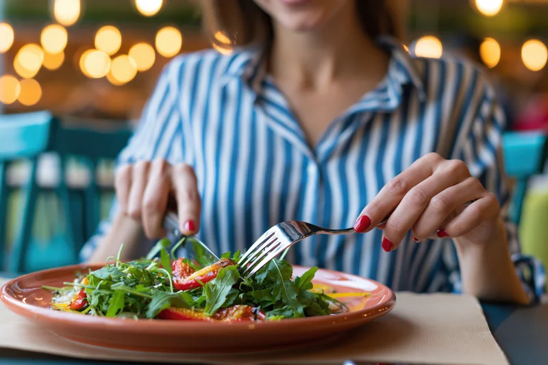 Woman eating grilled vegetable salad with fork and knife at outdoor restaurant table