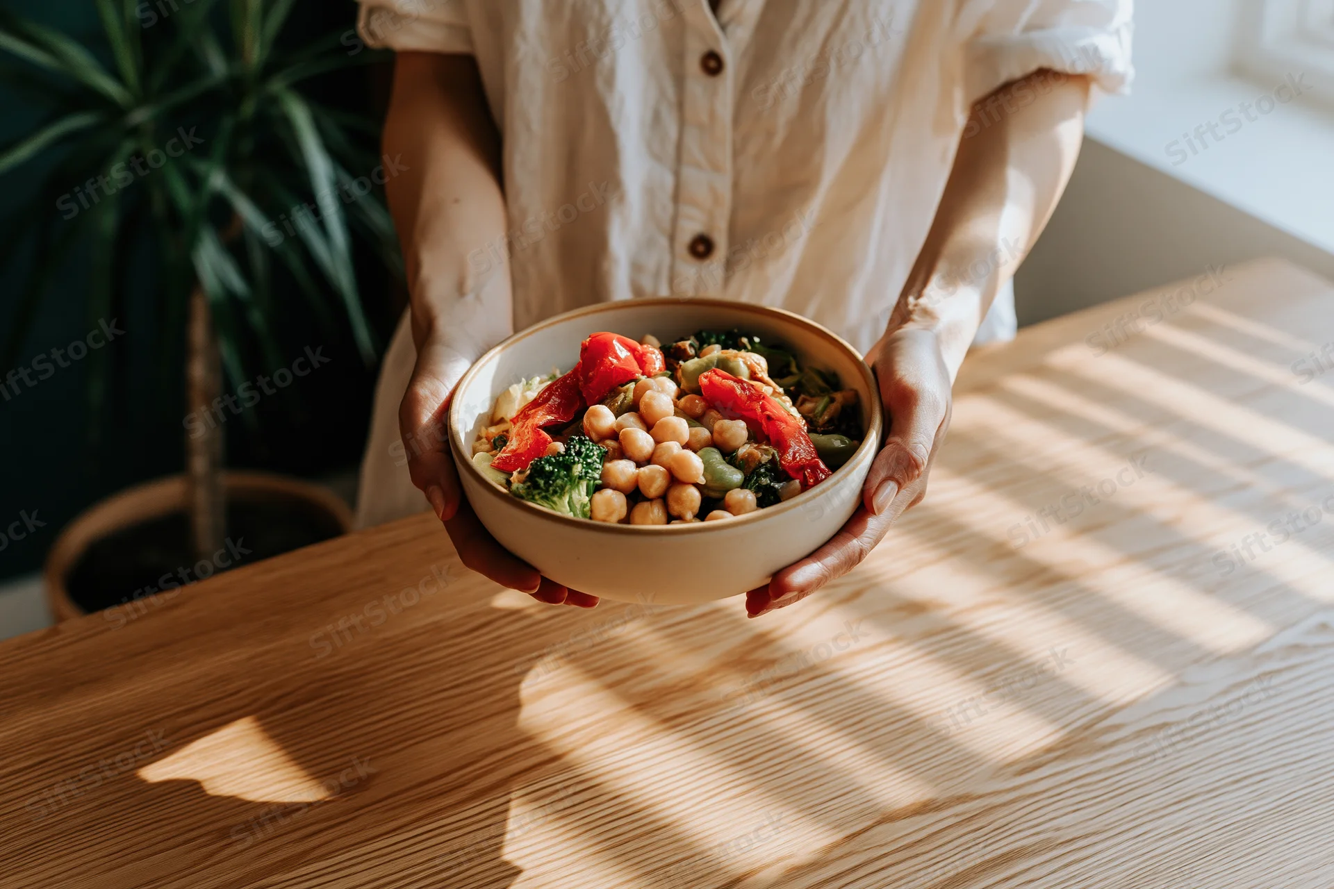 Woman holding a ceramic bowl of chickpea salad on a wooden table