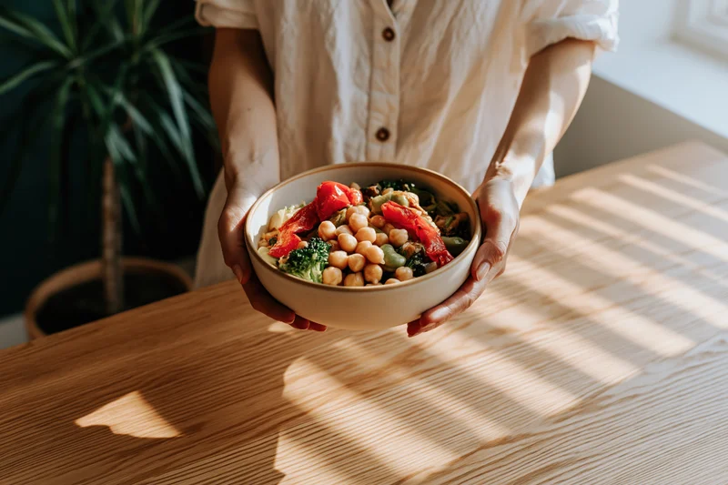 Woman holding a ceramic bowl of chickpea salad on a wooden table