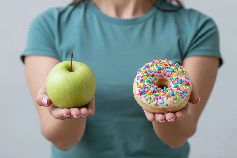 Woman holding a green apple and a sprinkled donut in each hand, offering a food choice