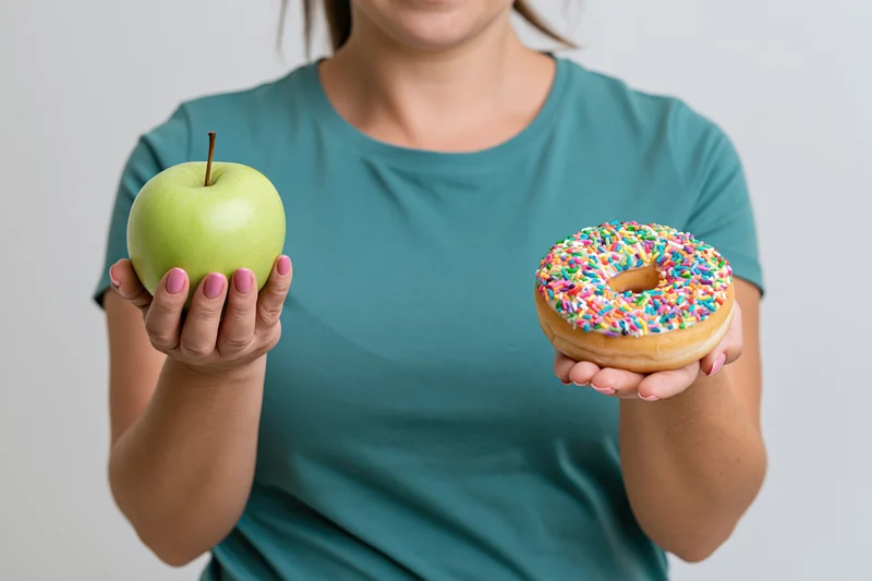 Woman holding a green apple in one hand and a sprinkled donut in the other against a white background