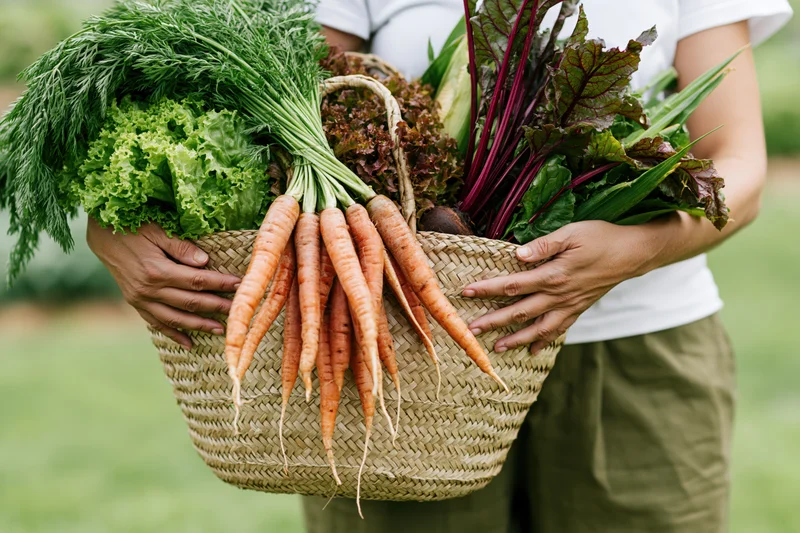 Woman holding a woven basket overflowing with fresh vegetables in a garden