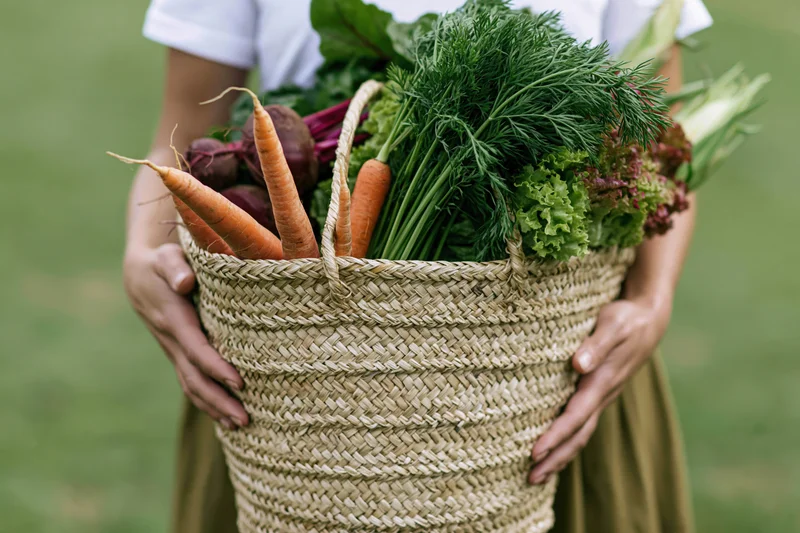 Woman holding a woven basket overflowing with fresh vegetables in a garden