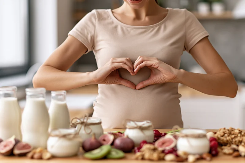 Woman making heart gesture with hands over healthy breakfast spread on wooden kitchen table