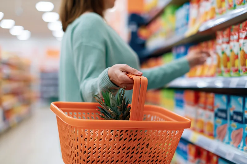 Woman holding orange shopping basket with pineapple in grocery store aisle
