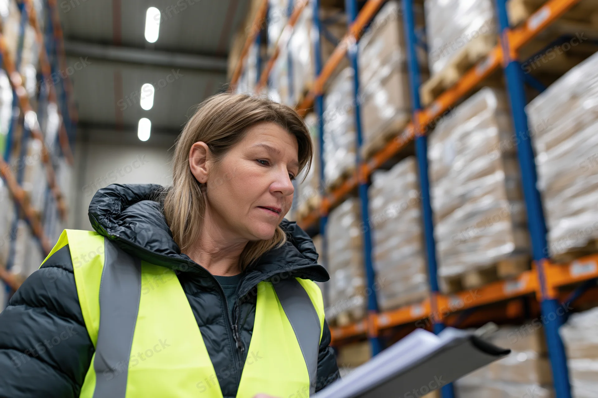 Woman in high-visibility vest holding clipboard while inspecting inventory in warehouse