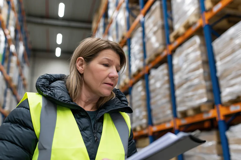Woman in high-visibility vest holding clipboard while inspecting inventory in warehouse