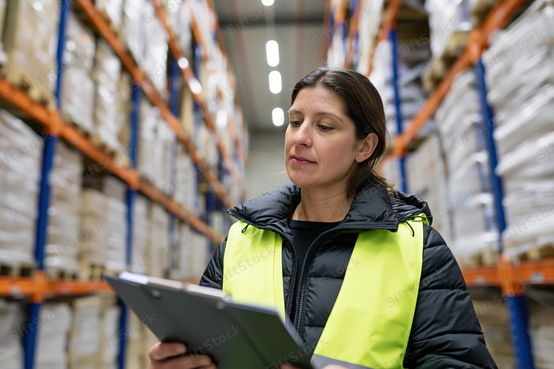 Woman in high-visibility vest holding clipboard while inspecting inventory in warehouse aisle