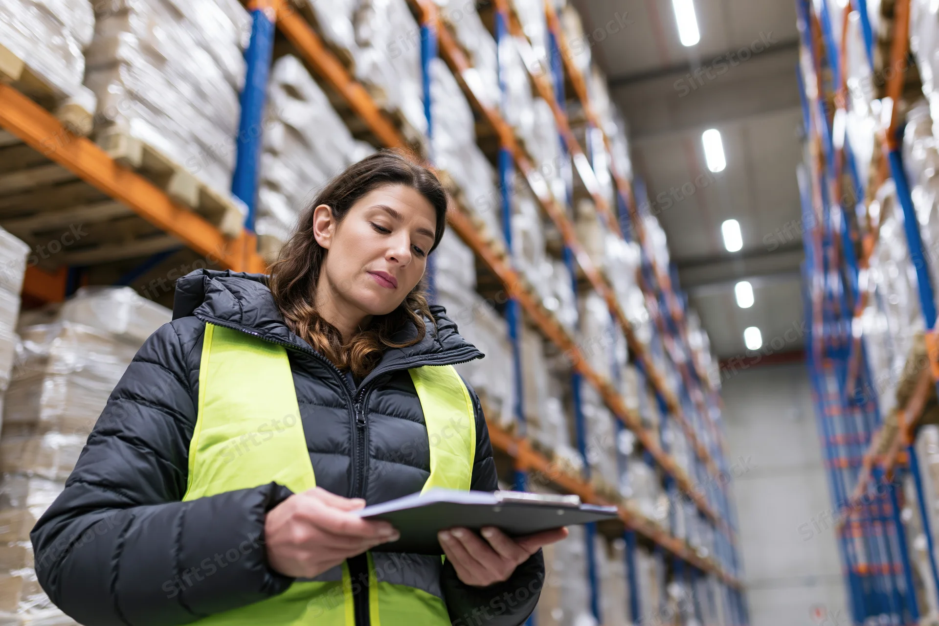 Woman in high-visibility vest holding clipboard while checking inventory in warehouse