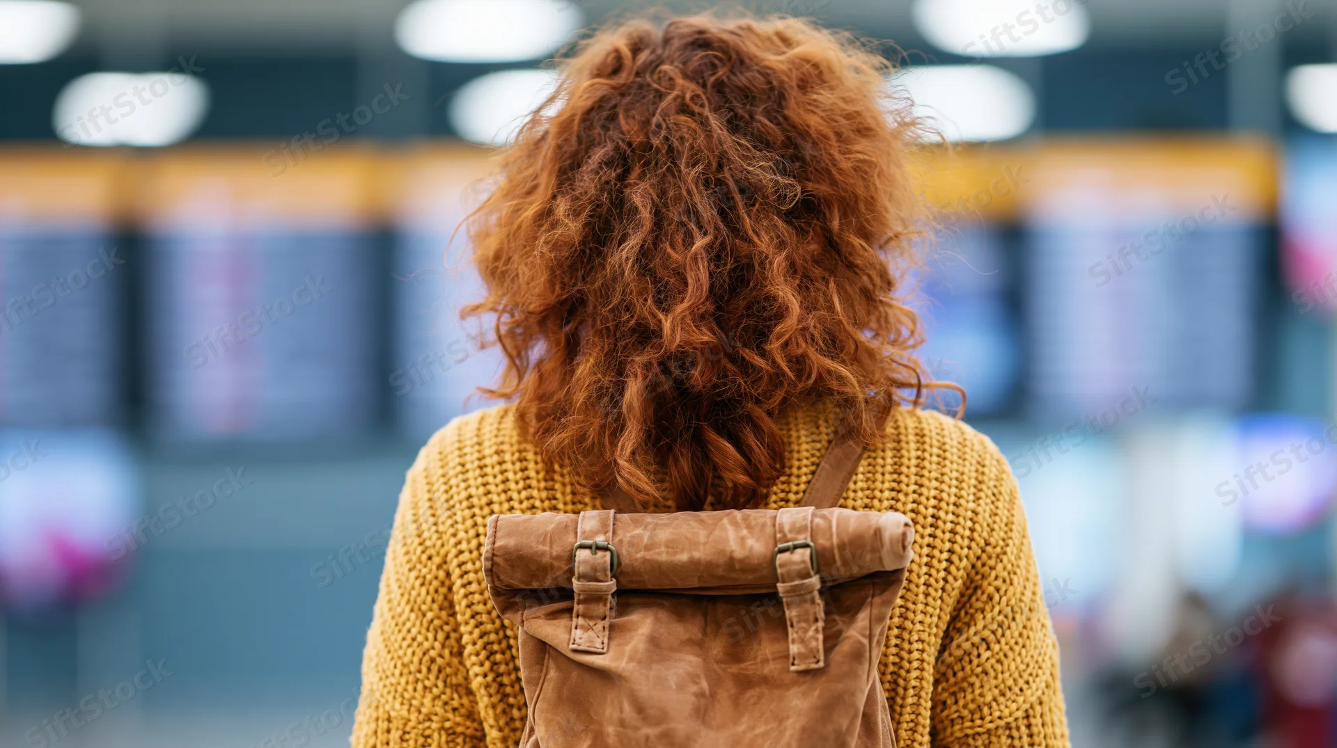 Woman with curly auburn hair seen from behind wearing mustard sweater and brown backpack at airport terminal