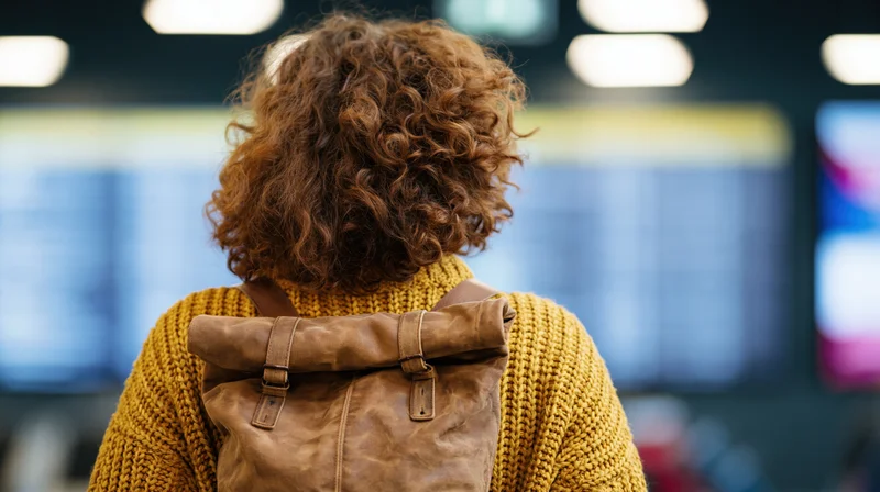 Woman with curly auburn hair seen from behind wearing yellow knit sweater and brown leather backpack at airport departure board