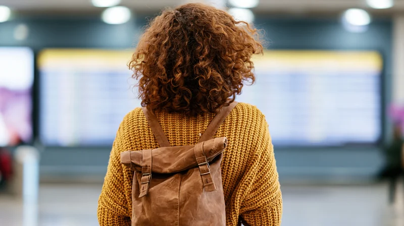 Woman with curly auburn hair seen from behind wearing mustard knit sweater and brown suede backpack standing in airport terminal facing flight information display