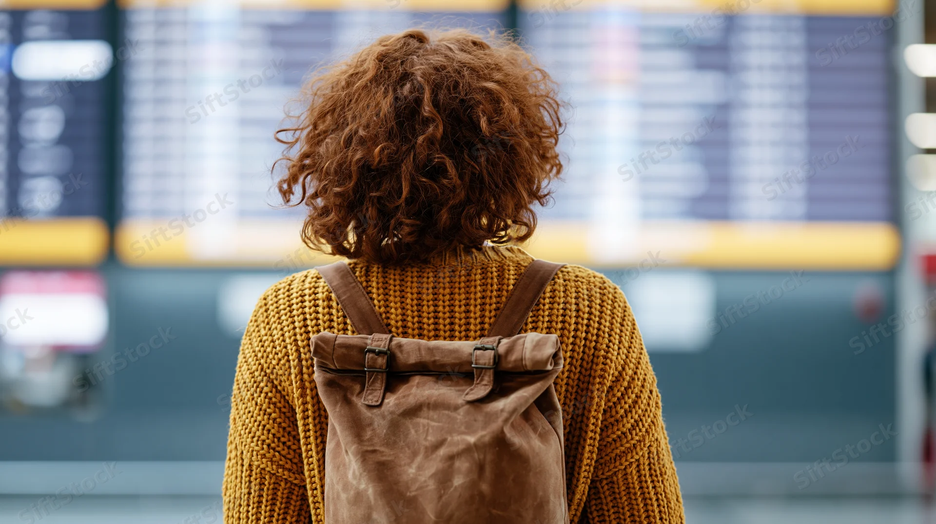 Woman with curly auburn hair seen from behind wearing mustard knit sweater and brown leather backpack standing before digital flight departure board in airport terminal