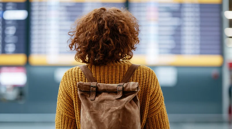 Woman with curly auburn hair seen from behind wearing mustard knit sweater and brown leather backpack standing before digital flight departure board in airport terminal