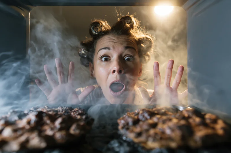 Woman with hair curlers reacting in horror with hands raised inside oven filled with smoking cookies