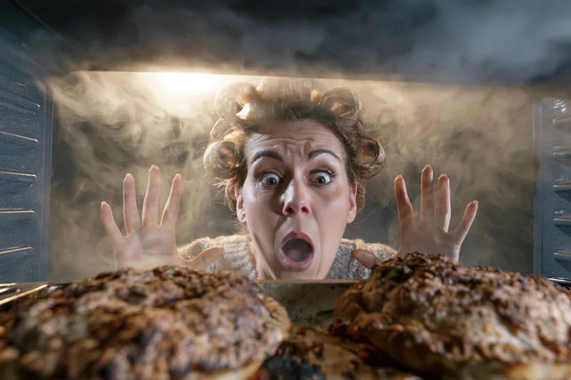 Woman with hair curlers reacting in horror at burnt food in oven